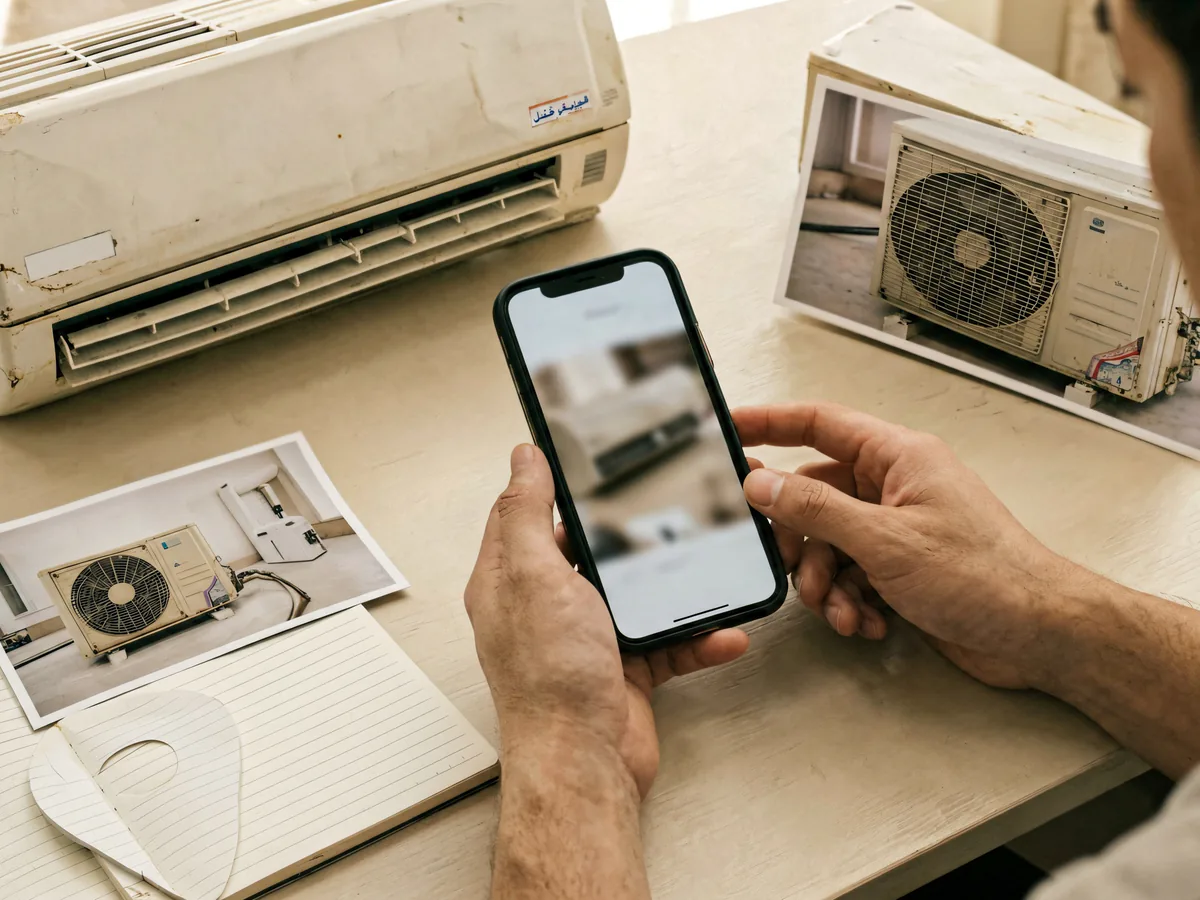 بائع يصور مكيفاً مستعملاً لإرساله للتقييم الأولي في الطائف